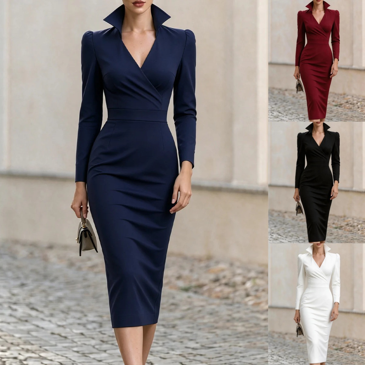 Women's V-Neck Long Sleeve High Waist Bodycon Midi Dress