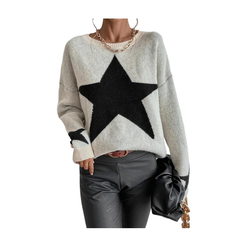 Women's Ribbed Knit Pullover Sweater with Star Pattern