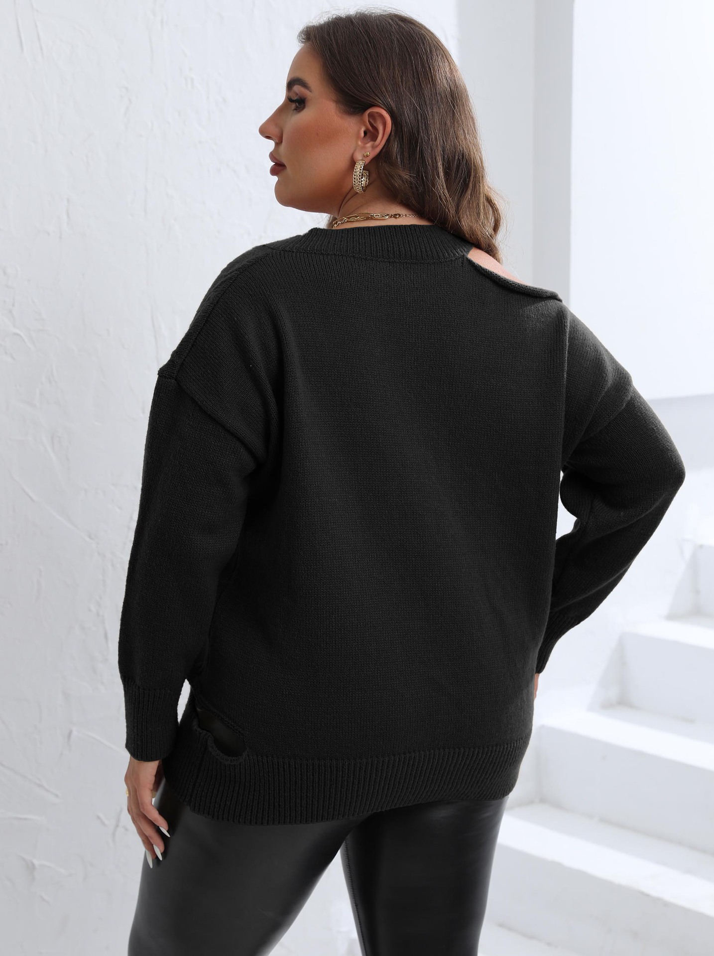 Women's Plus Size Off-Shoulder V-Neck Knit Sweater