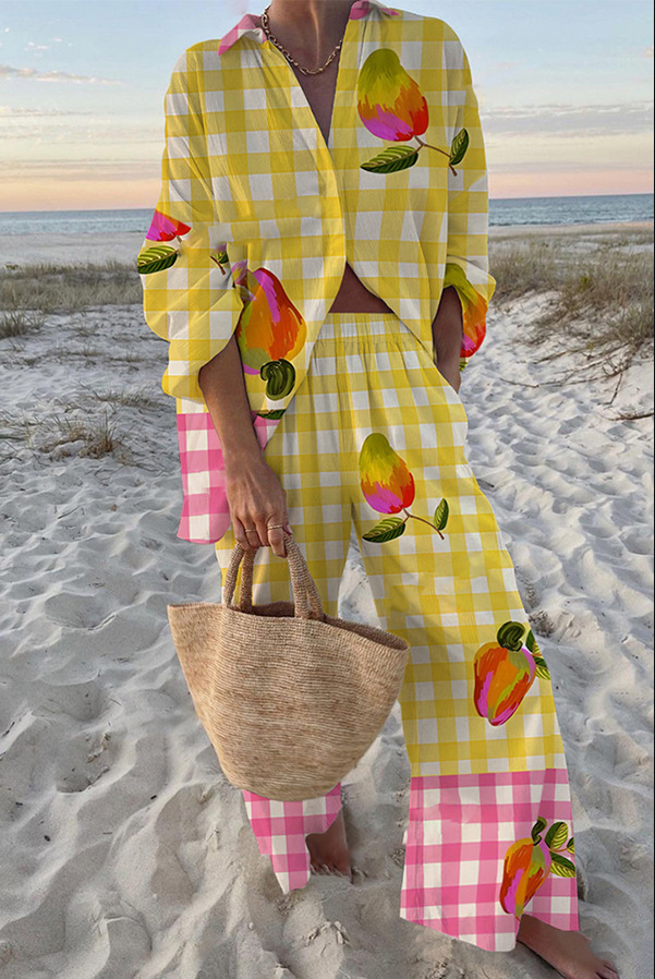 Women's Long Sleeve Collared Printed Shirt Set Casual Vacation Loungewear