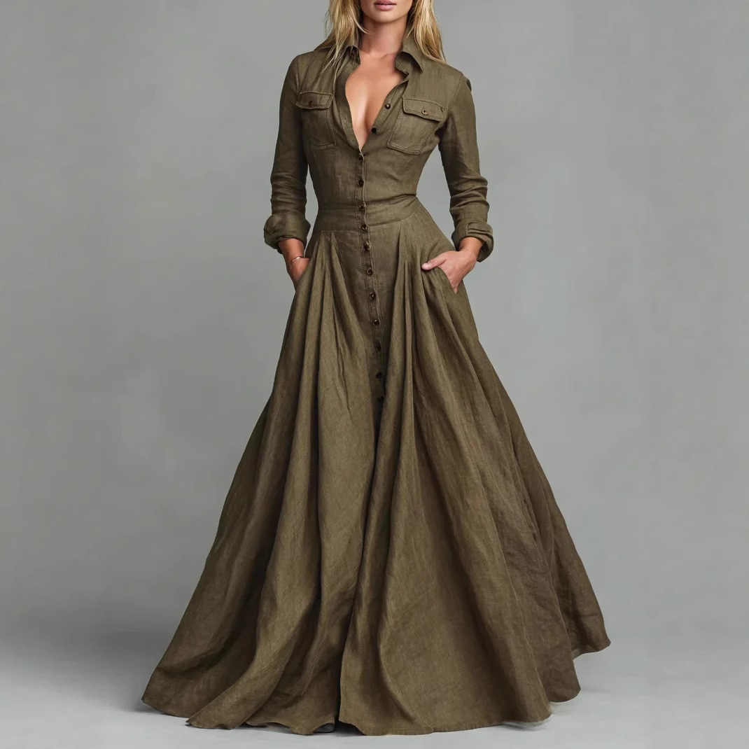 Solid Button Shirt Collar Long Sleeve Maxi Dress