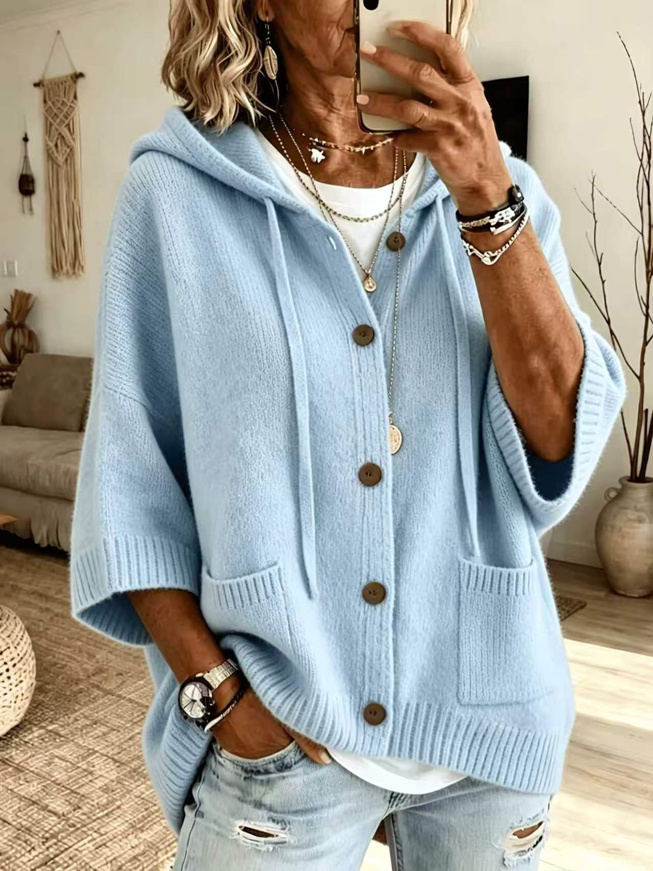 Button-Up Hooded Knit Cardigan Sweater Solid Color Casual Women's Coat