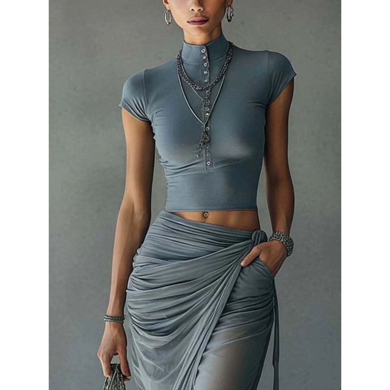 Slim-Fit Mock-Neck Top and Chiffon Skirt Two-Piece Set