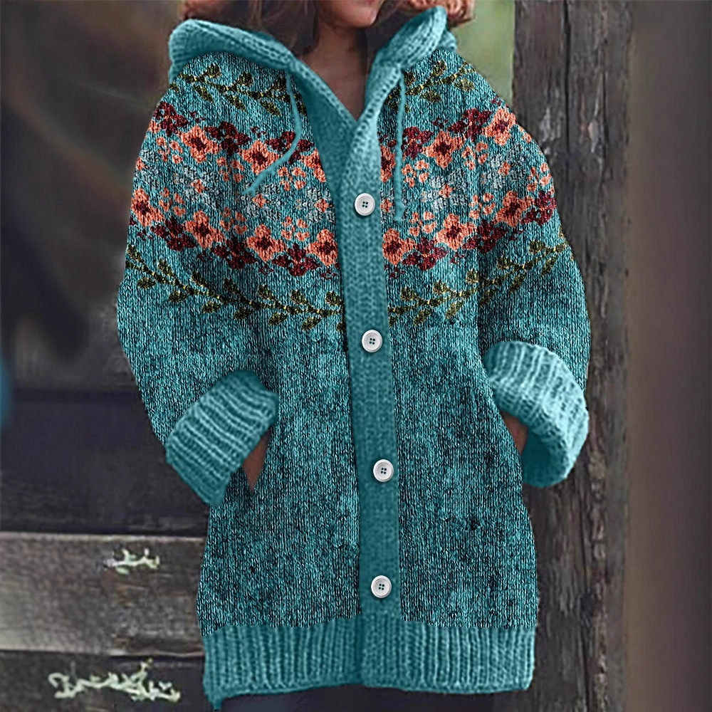 Women's Floral Leaf Print Hooded Button Cardigan Sweater