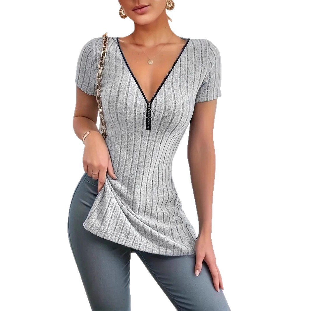 Women's Slim Fit Zip V-Neck Side Slit Ribbed Short Sleeve T-Shirt