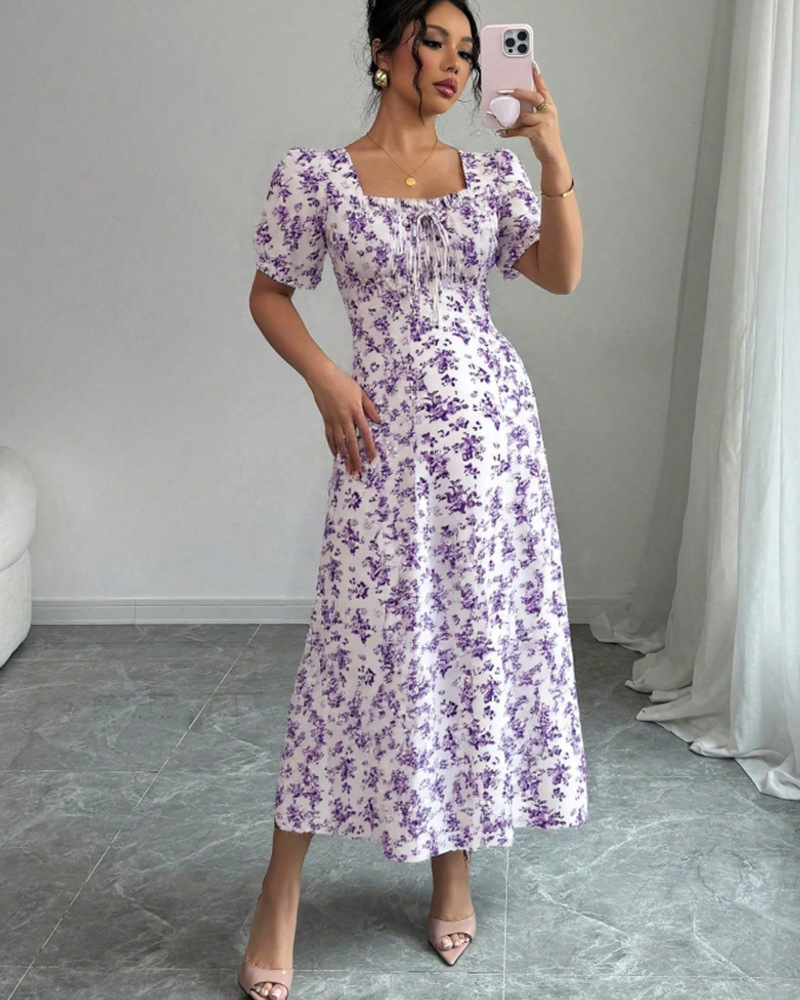 Elegant Short Sleeve Ruffle Dress with U-Neck and Puff Sleeves