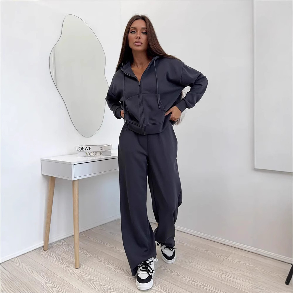 Cotton Blend Long Sleeve Zip Hoodie and Drawstring Pants Two-Piece Set