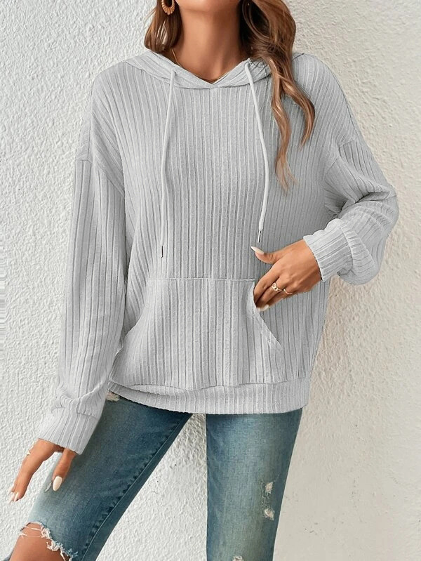 Women's Ribbed Knit Hoodie with Kangaroo Pocket