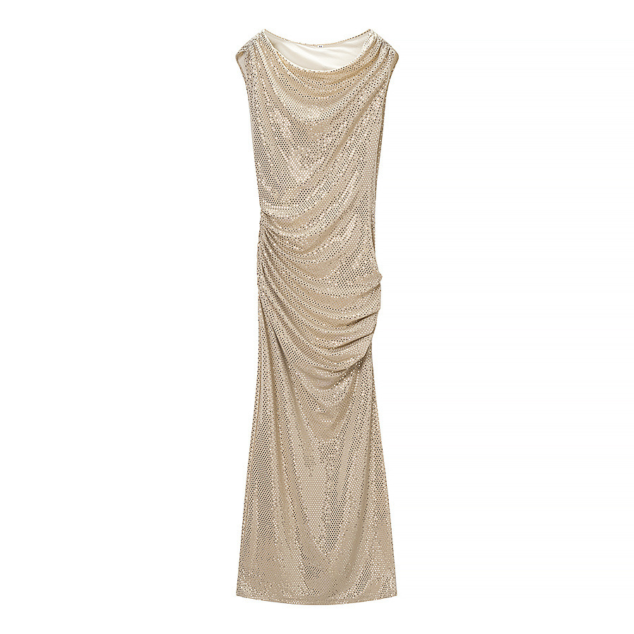 Women's Cowl Neck Bodycon Midi Dress Sleeveless Sequin Pleated