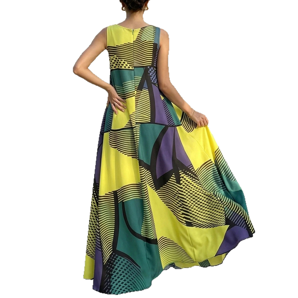 Color-Block Geometric Stripe Print Sleeveless Maxi Dress