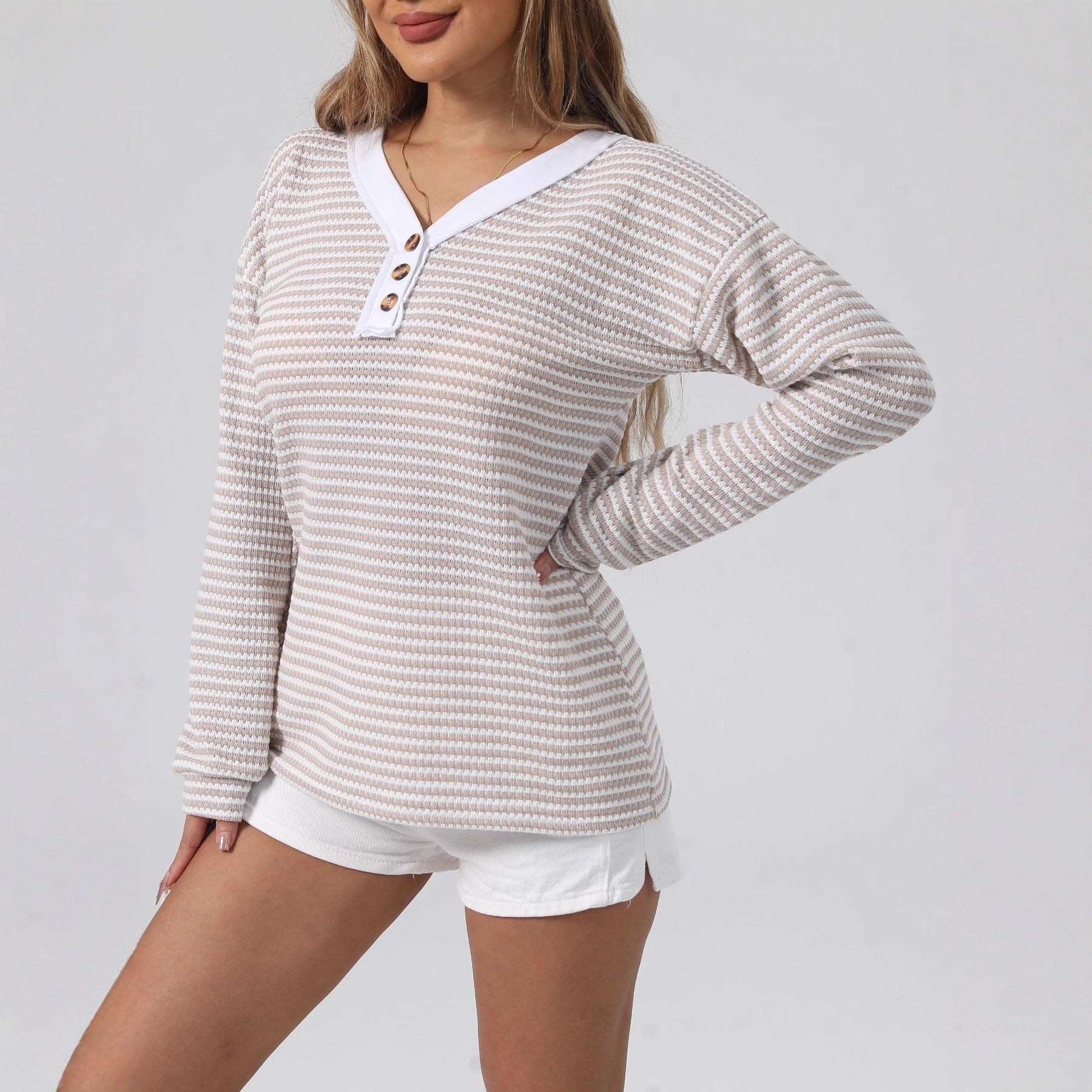 Women's V-Neck Button Pullover Colorblock Long-Sleeve Top