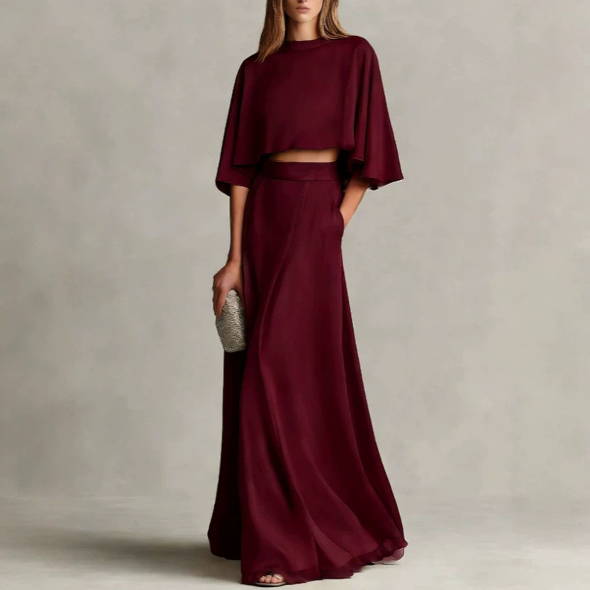 Women's Satin Cape-Sleeve Long Dress Set Elegant Luxury Style