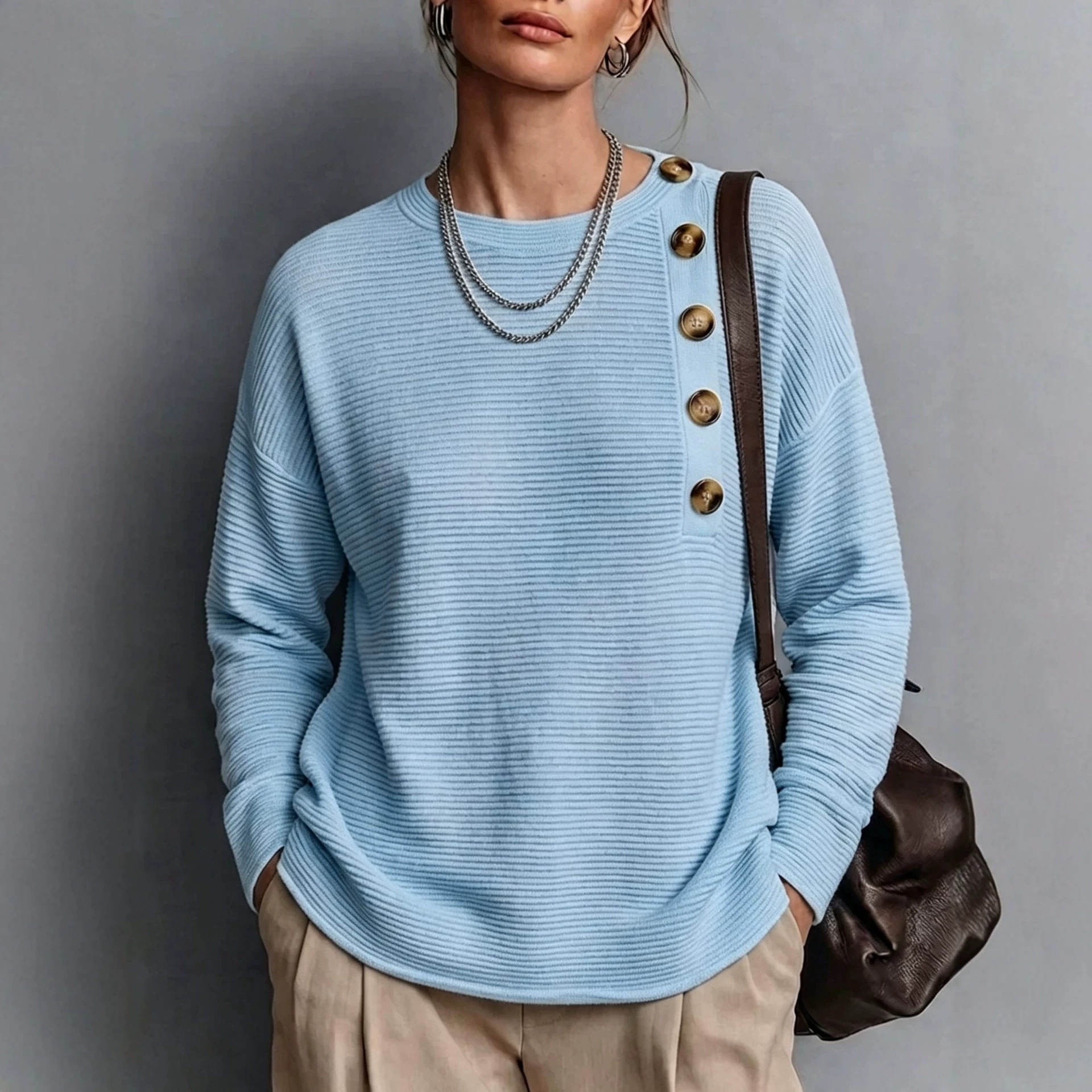 Women's Solid Button Knit Shirt Long Sleeve Crew Neck Loose Fit