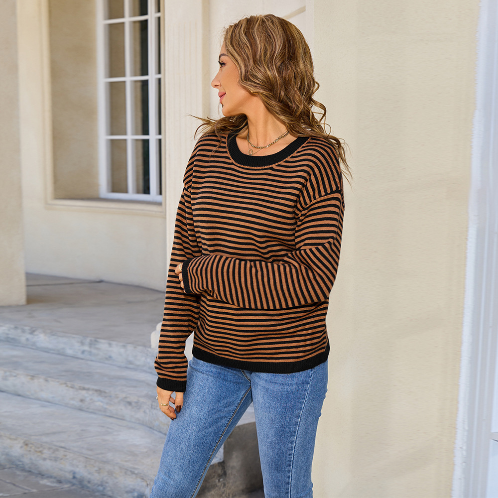 Women's Retro Striped Crewneck Knit Sweater Colorblock Pullover