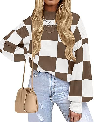 Women's Striped Ribbed Knit Turtleneck Long Sleeve Loose Pullover Sweater