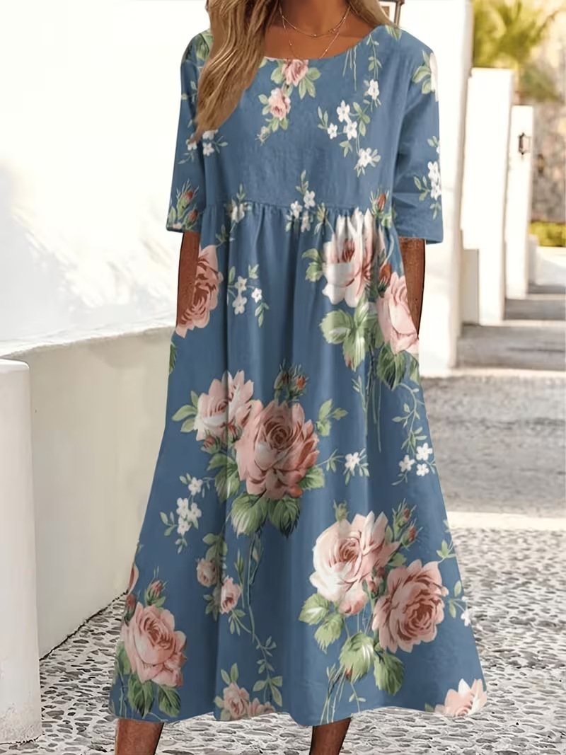 Women's Floral Print Ruched Midi Dress Casual Vacation Pullover