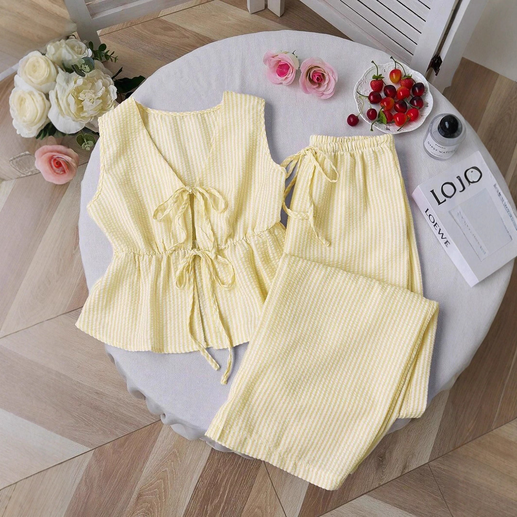 Striped Sleeveless Tank Top and Wide-Leg Pants Set