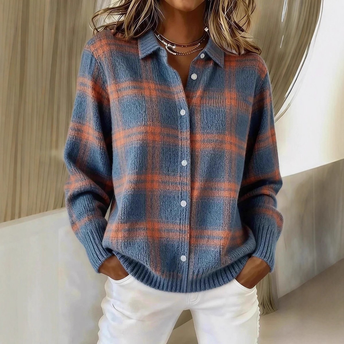 Women's Plaid Long Sleeve Collared Cardigan Sweater