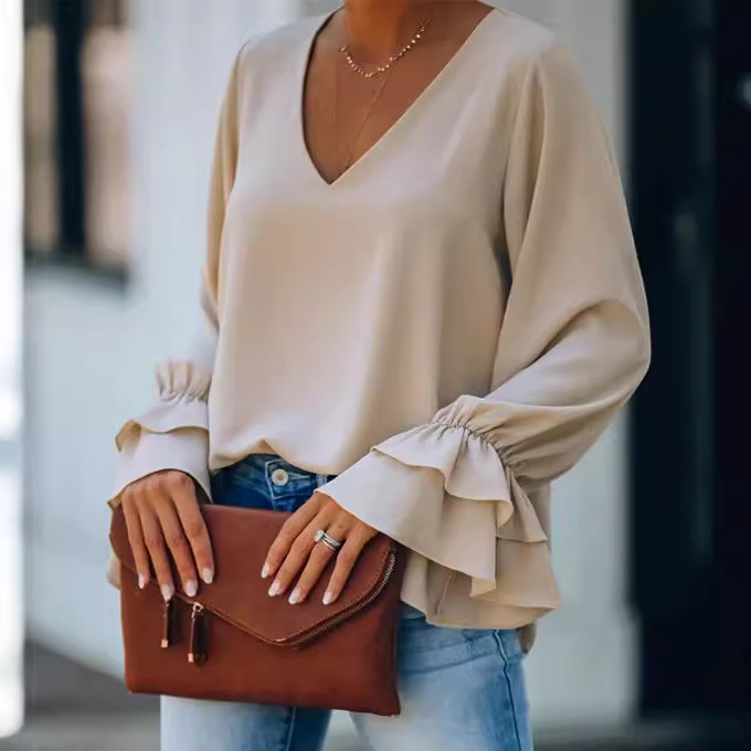 Women's Casual Loose Solid V-Neck Long Sleeve T-Shirt Top