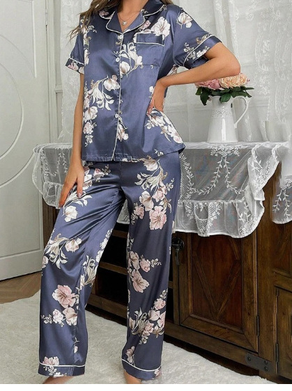 Women's Cuban Collar 3D Print Short Sleeve Shirt & Pants Loungewear Set