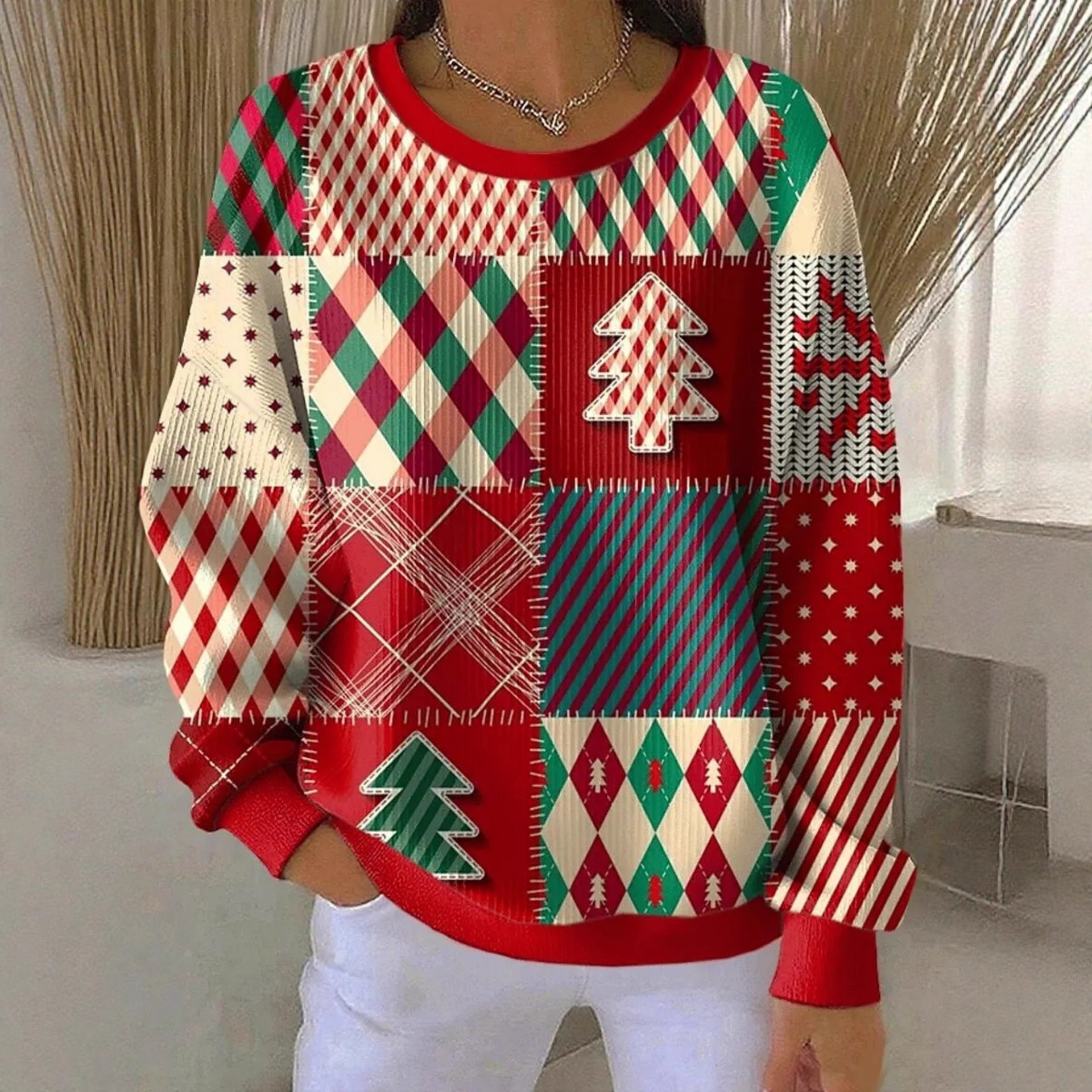 Women's Christmas Bow Plaid Print Crewneck Sweatshirt