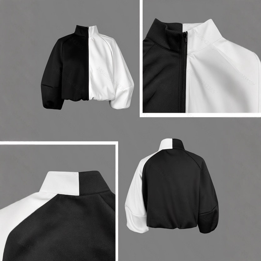 Women's Full-Zip Cropped Jacket with Puff Sleeves and Stand Collar