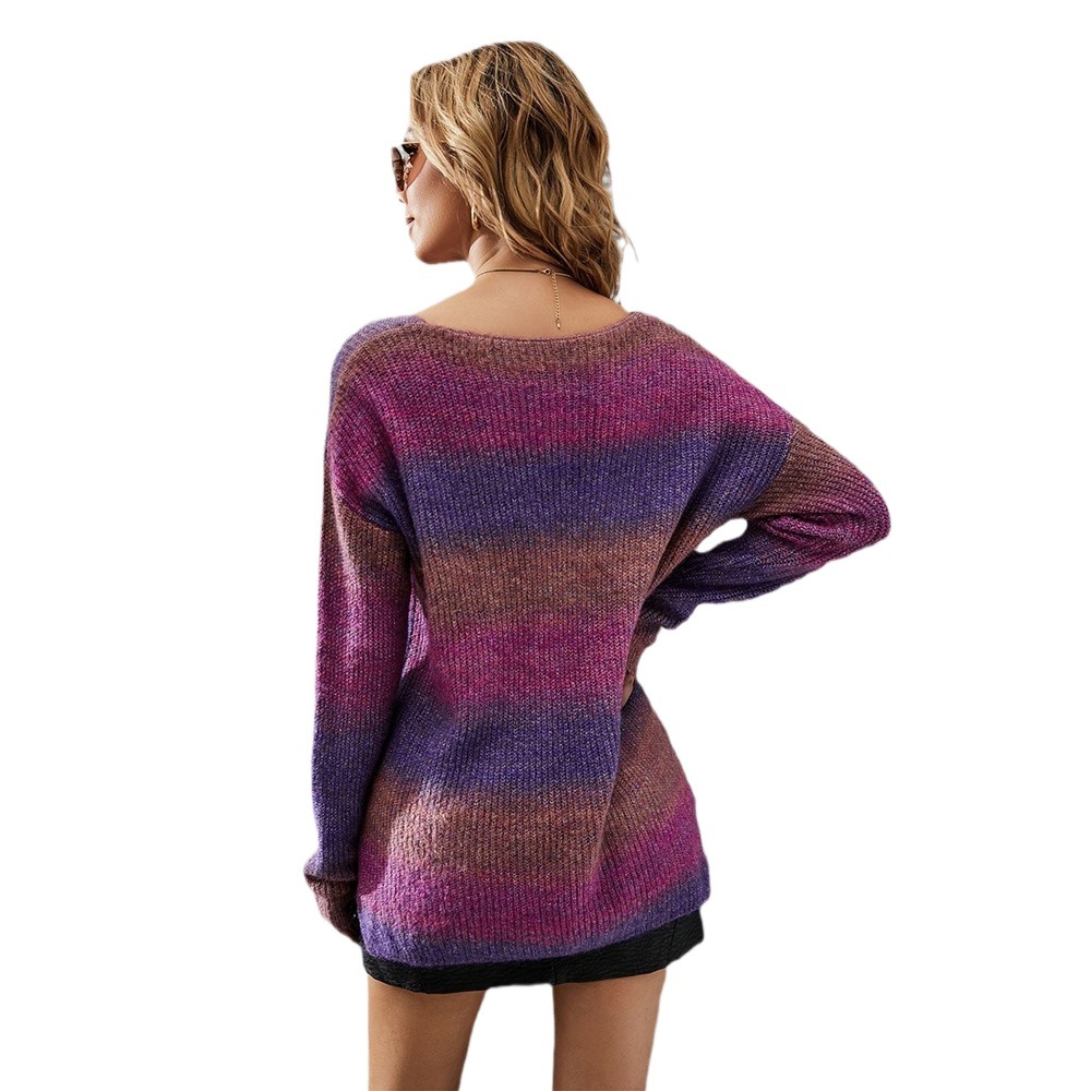 Women's Tie-Dye Gradient Knit Pullover Sweater with Asymmetric Hem and V-Neck