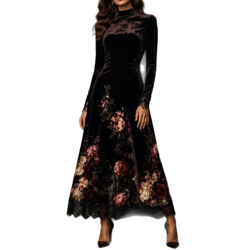 Black Floral Print Long Sleeve A-Line Maxi Dress with 3D Flowers