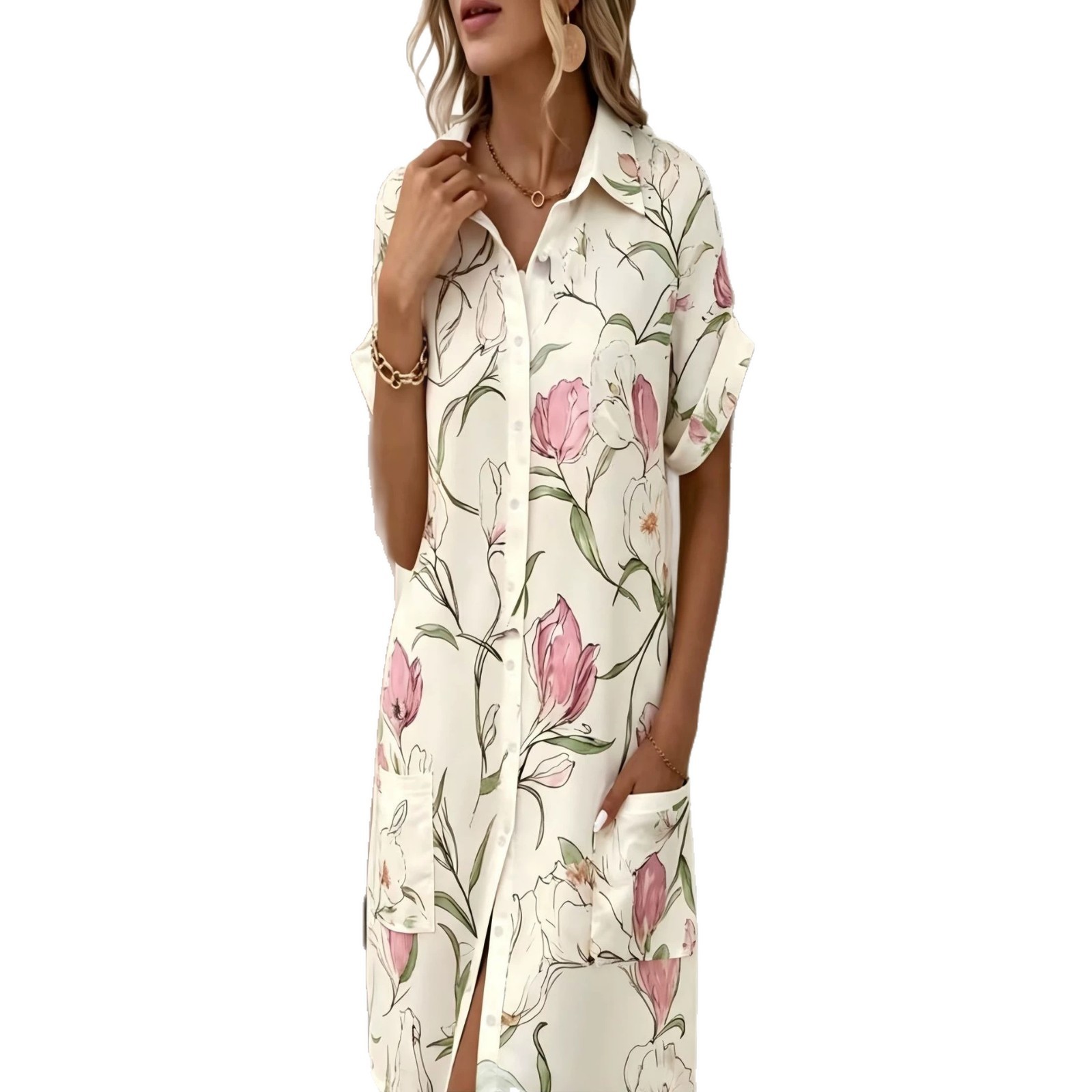Women's Floral Print Midi Shirt Dress with 3D Digital Print