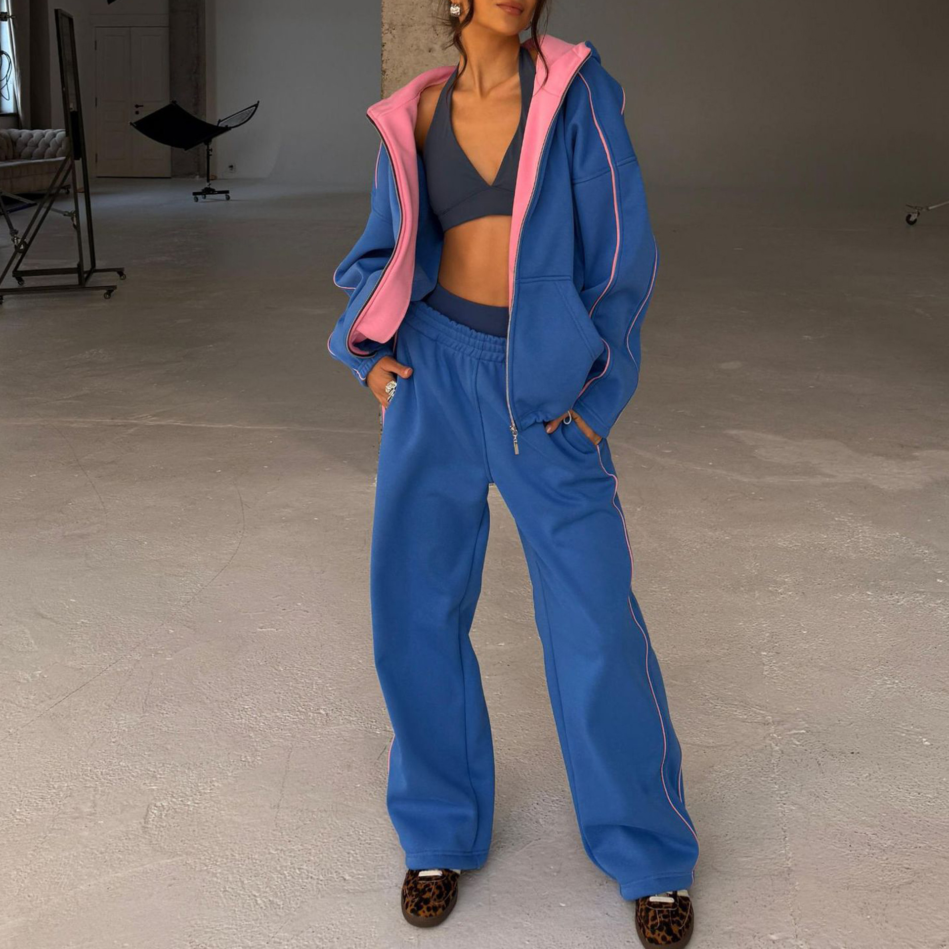 Women's Solid Color Hoodie & Wide-Leg Pants Set Casual Two-Piece