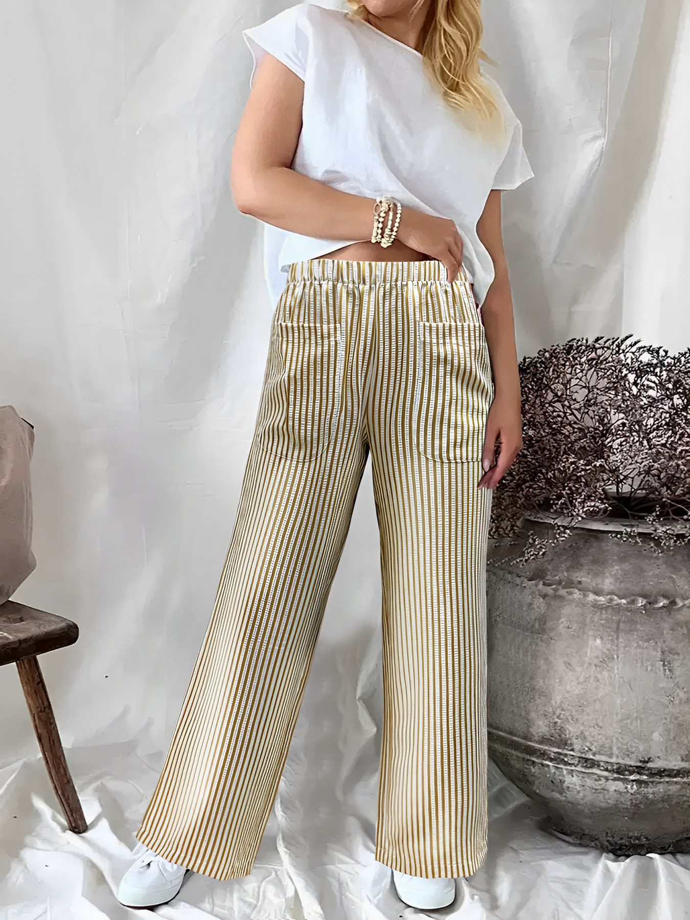 Women's Striped Wide-Leg Pants with Pockets Casual Loose Fit