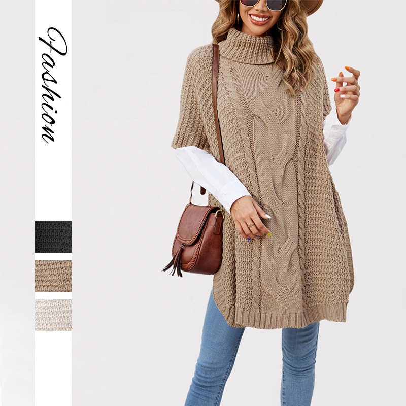 Cable-Knit Turtleneck Poncho Sweater Women's Loose Short-Sleeve Pullover
