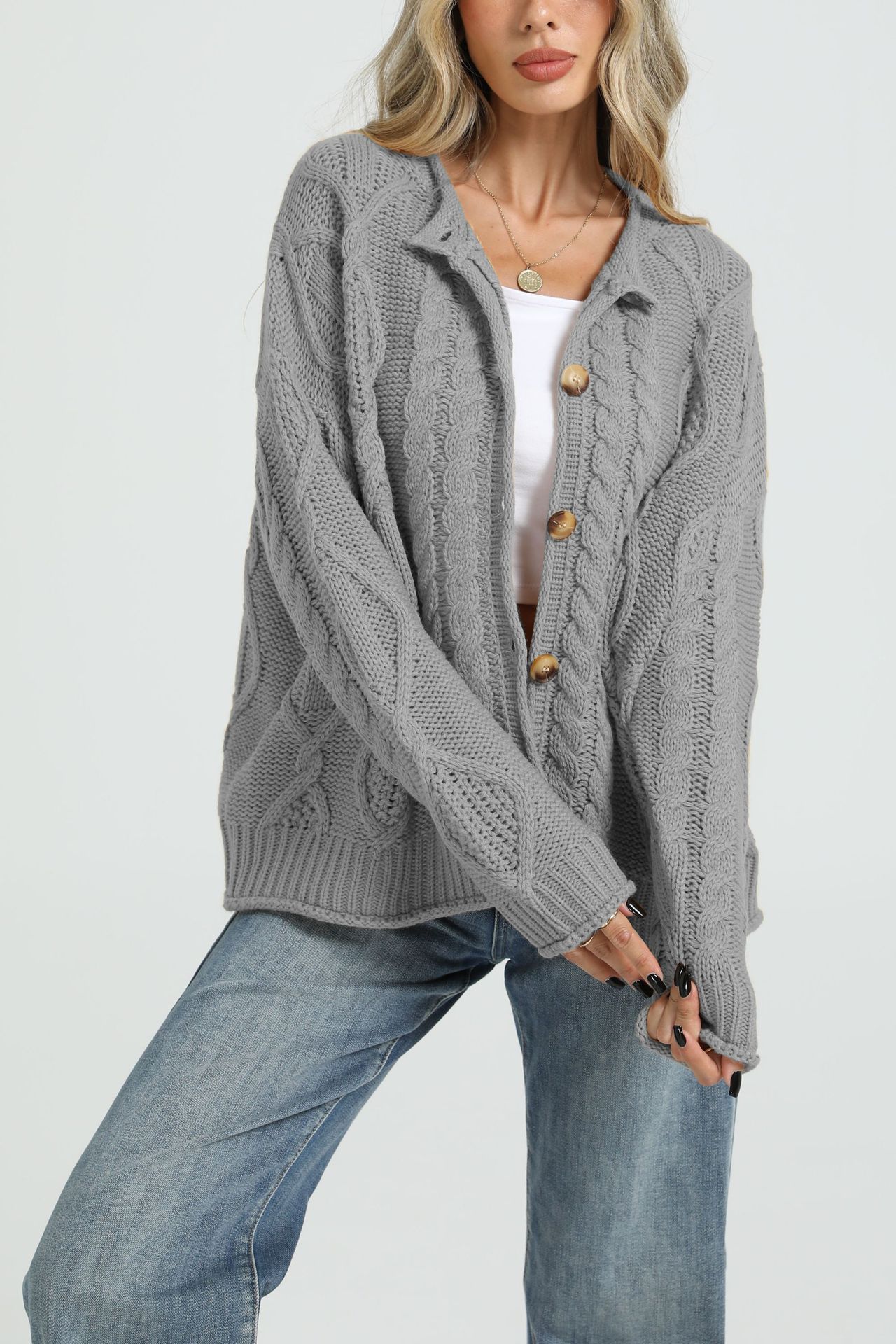 Women's Cable-Knit Cardigan Sweater Loose Fit Button-Up