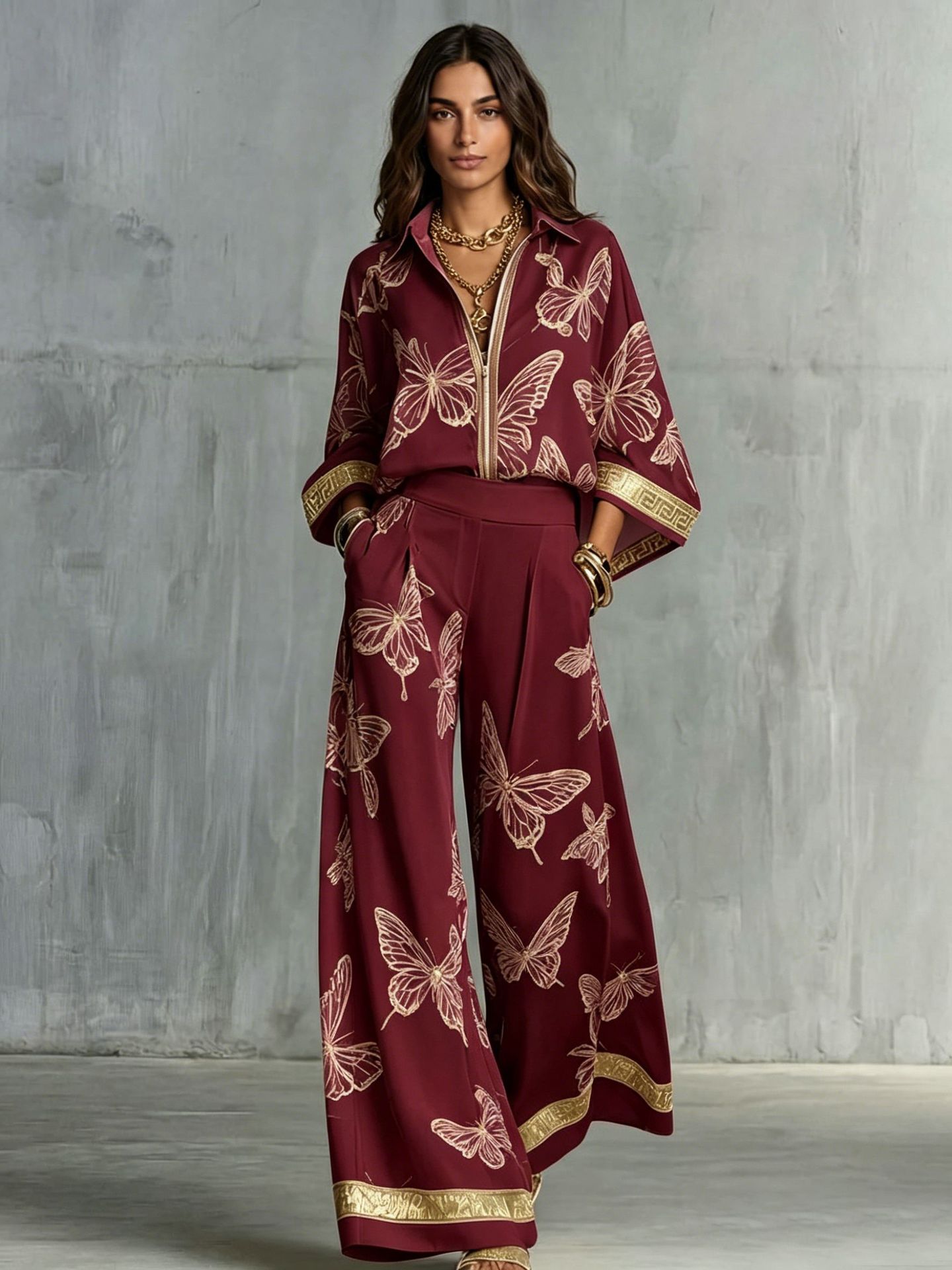 Women's Vintage Print Deep V Zip Top & Wide-Leg Pants Set