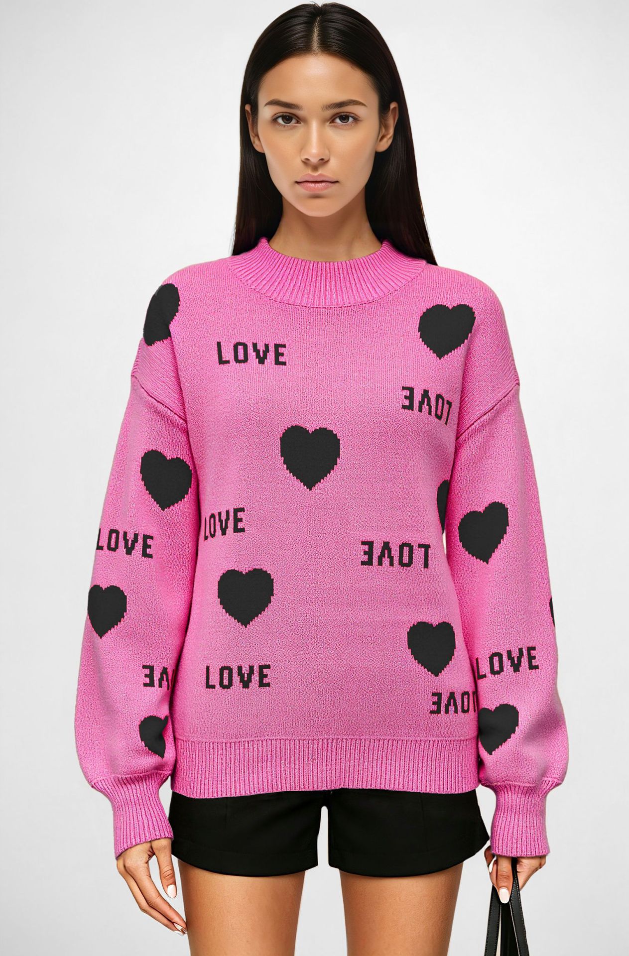Heart Crewneck Knit Sweater Colorblock Pullover