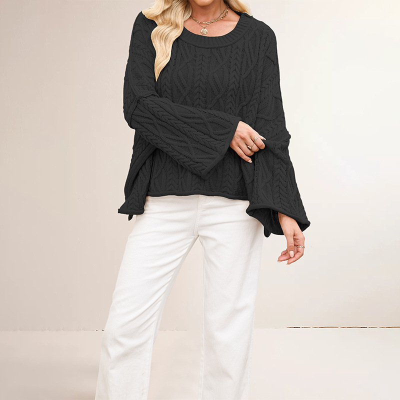 Cable Knit Cropped Sweater Plus Size Loose Crew Neck Pullover