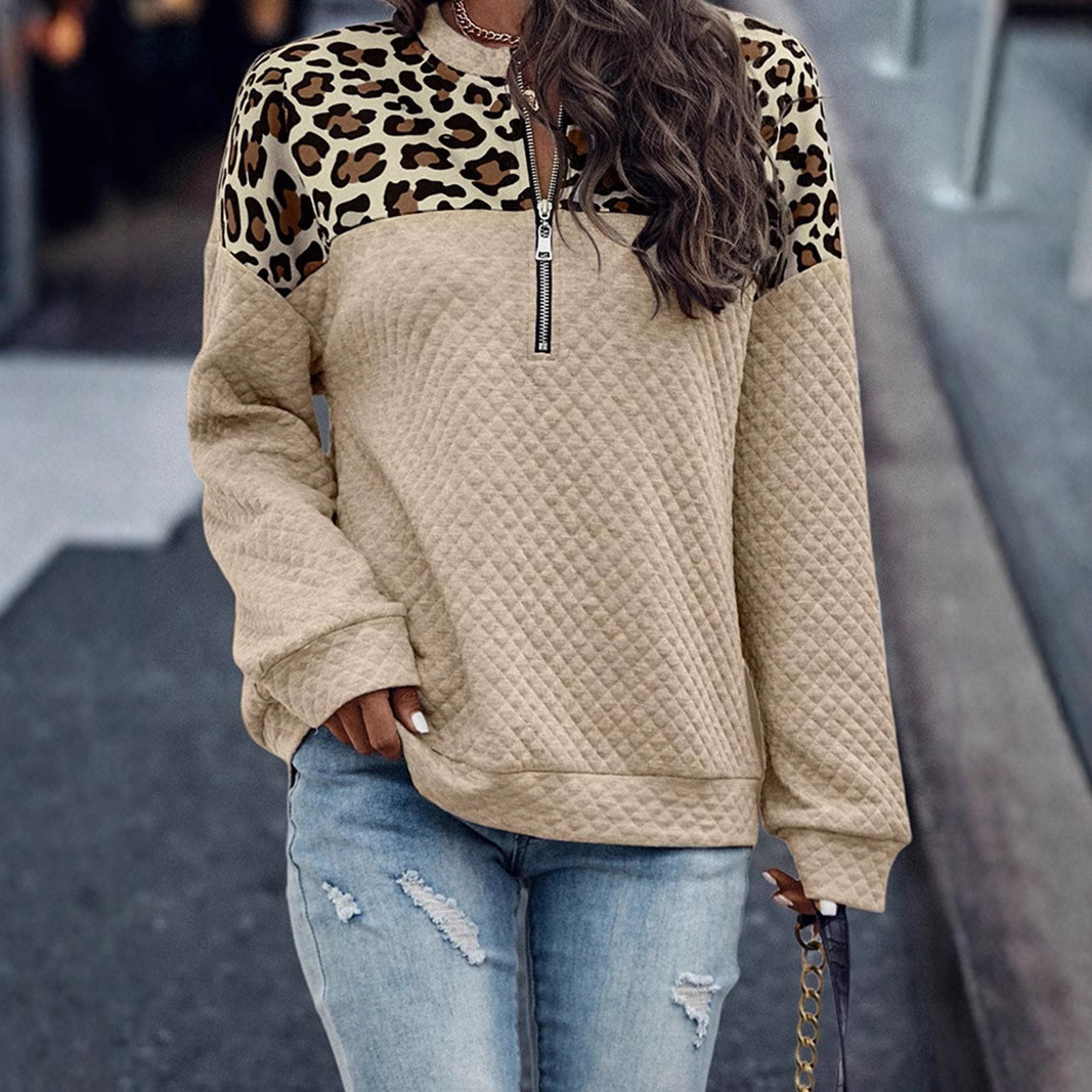Leopard Print Patchwork Drop Shoulder Zip Hoodie for Women