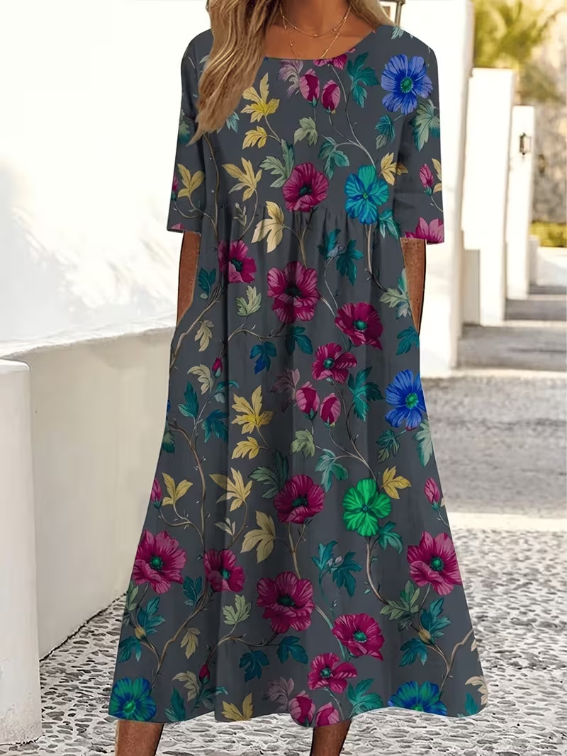 Women's Vintage Floral Print Pleated Midi Dress