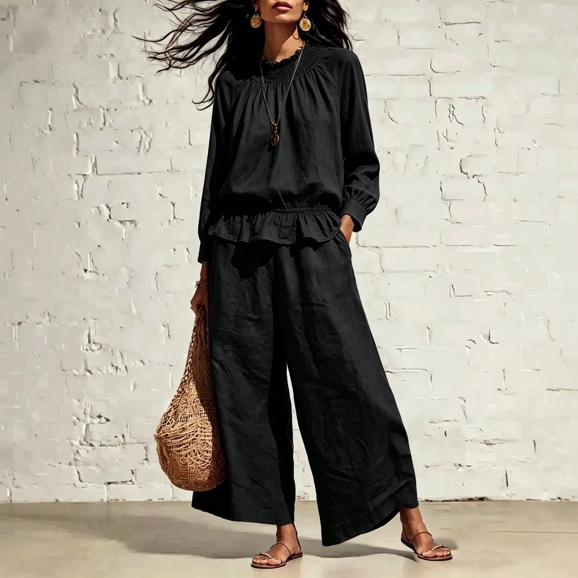 Women's Ruffle Wide-Leg Pants Two-Piece Set Long Sleeve Shirt Casual