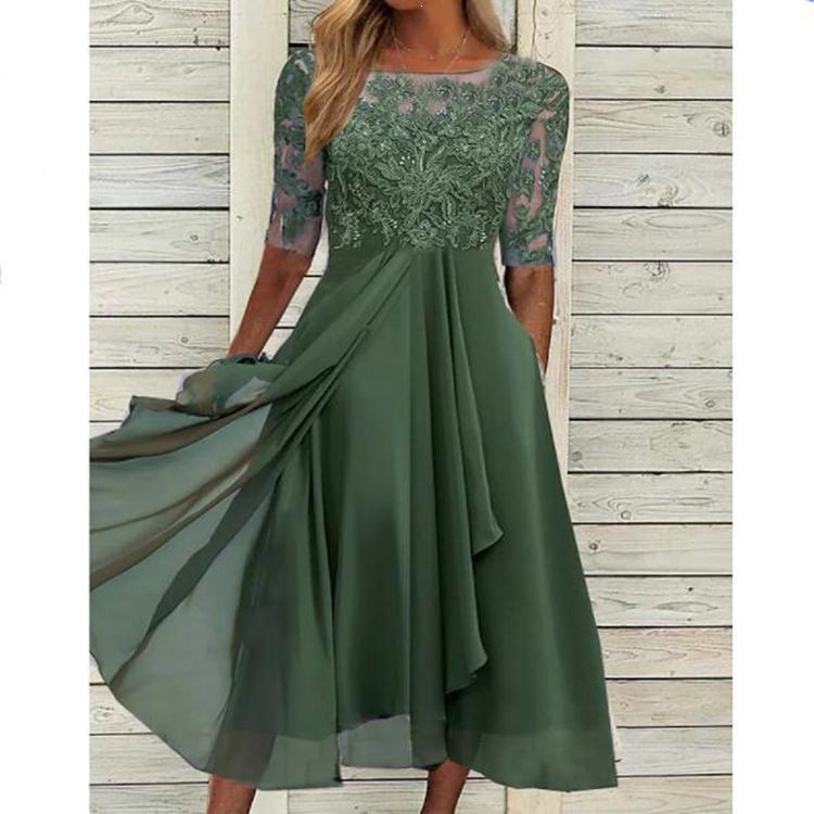 Chiffon Lace Cutout Midi Dress for Bridesmaid Evening