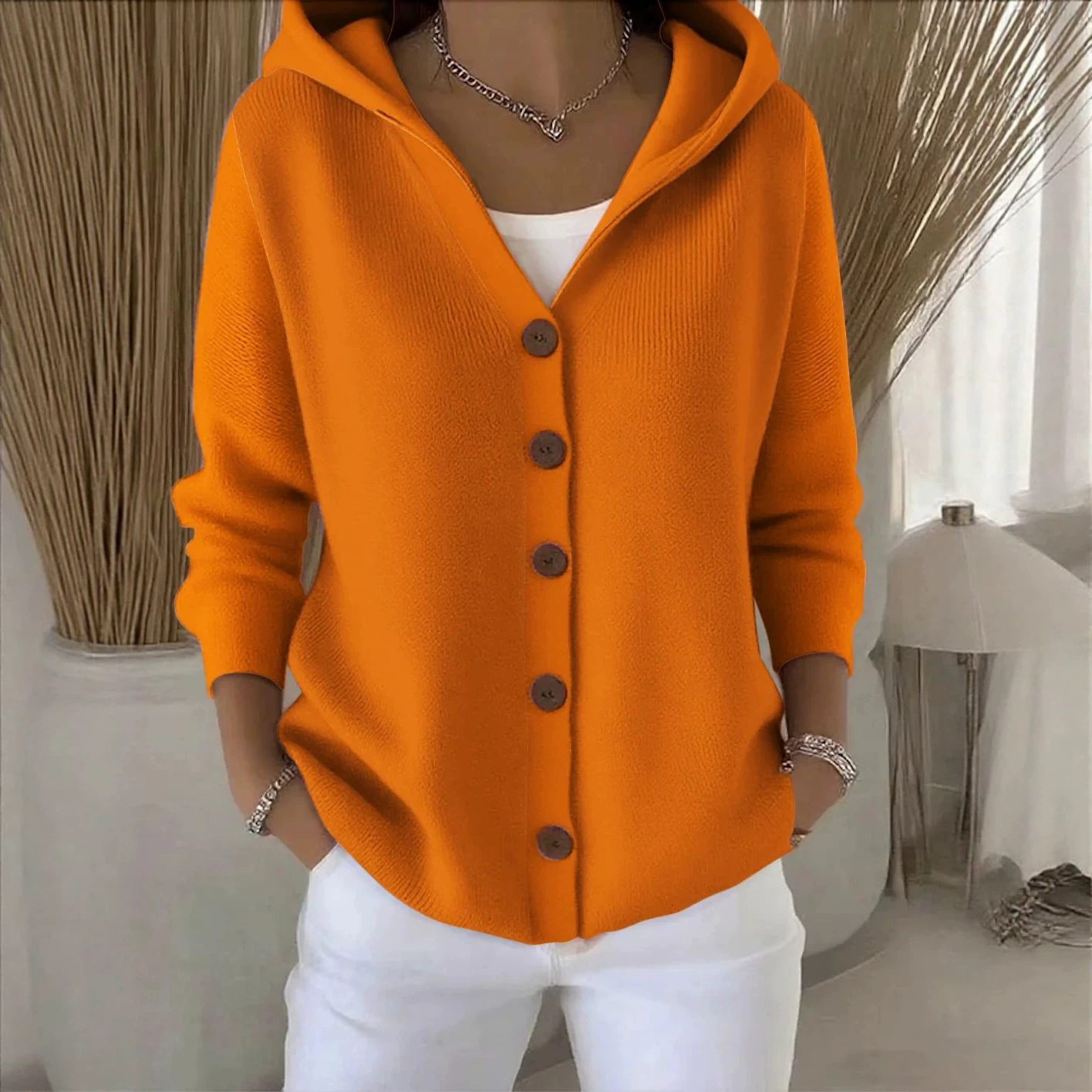Women's Hooded Knit Cardigan Solid Color Casual Sweater Coat