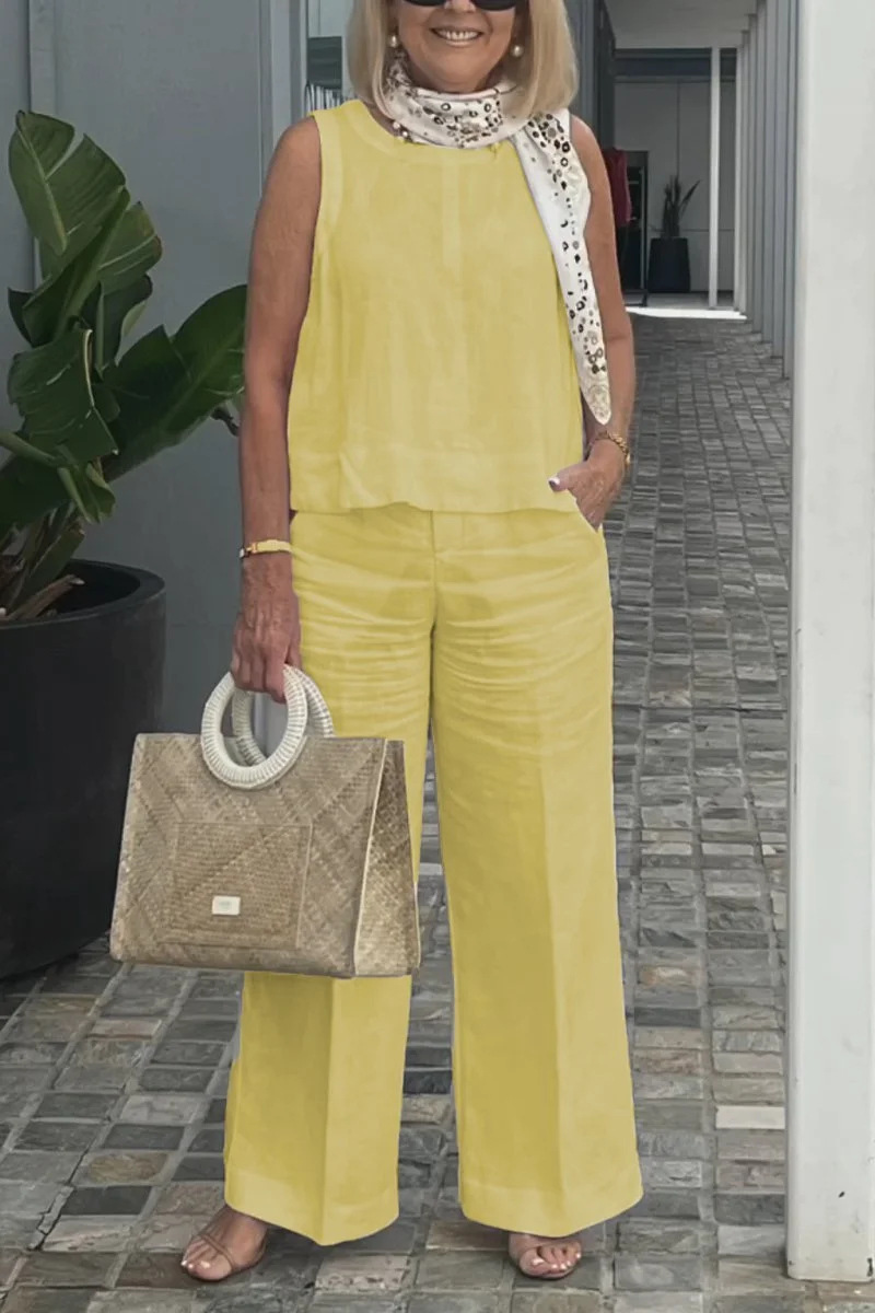 Women's Sleeveless Cotton-Linen Solid Color Pant Set Casual Two-Piece Outfit