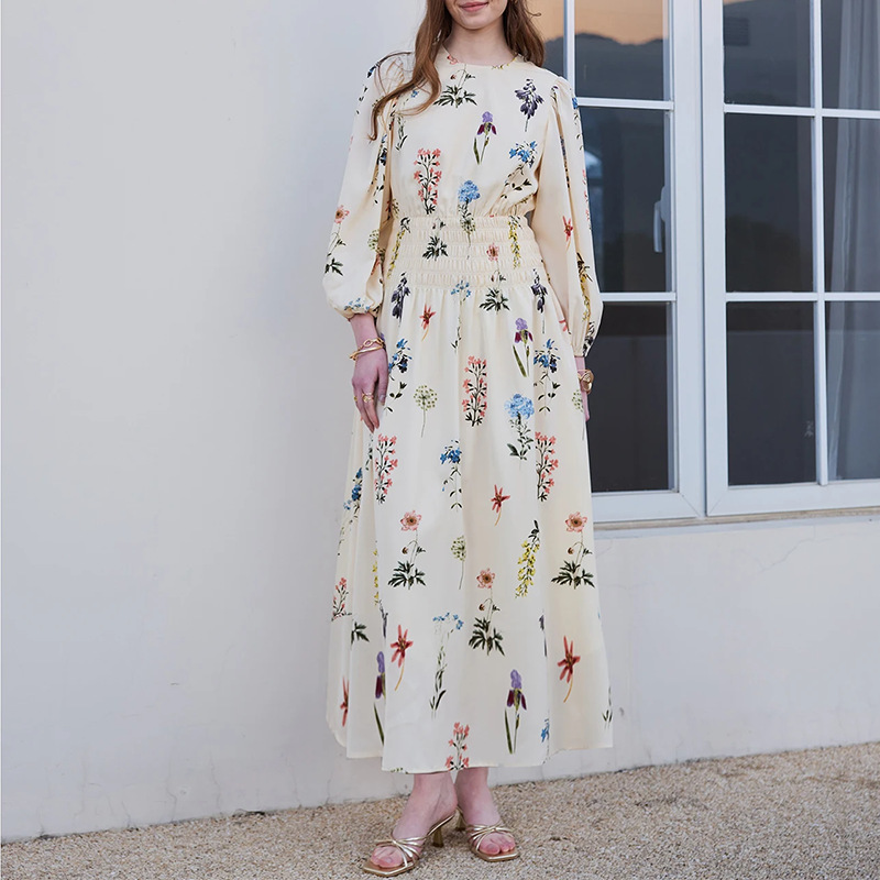 Women's Botanical Print Long Dress – Loose Fit A-Line High Waist