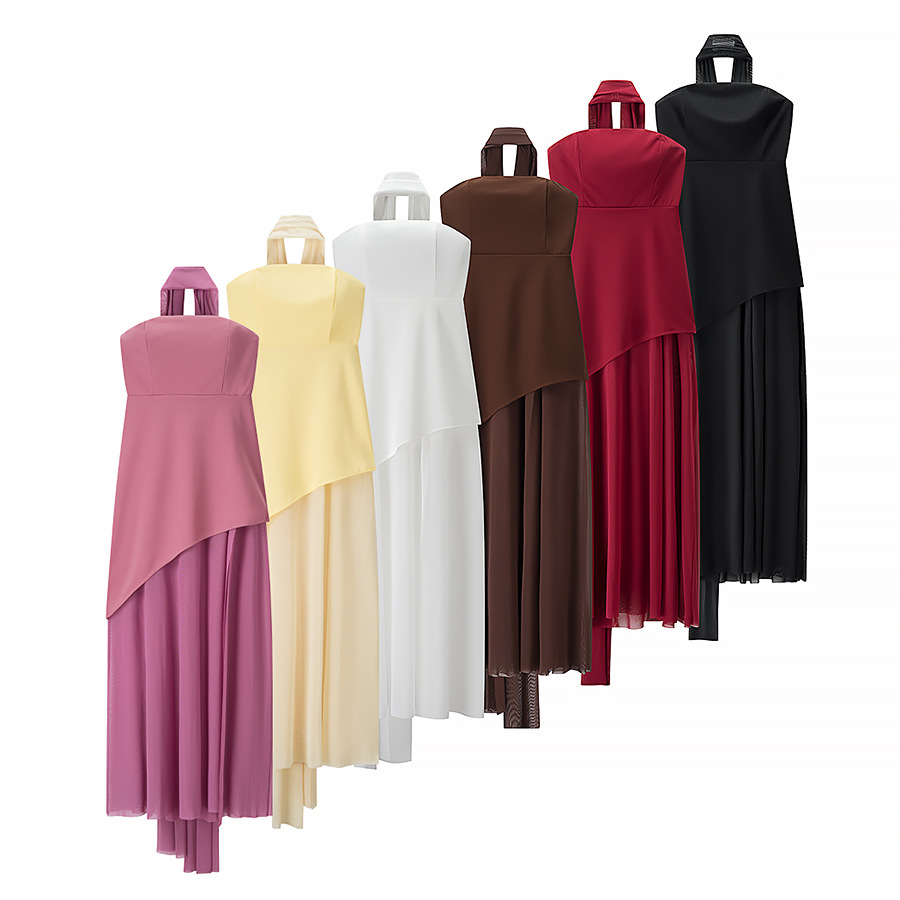 ZA-Style Tie-Neck Halter Mesh Panel A-Line Dress
