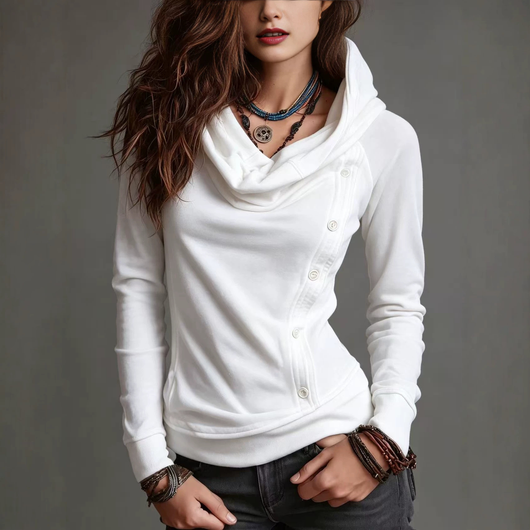 Retro High Neck Hooded Button Pullover Sweatshirt for Women