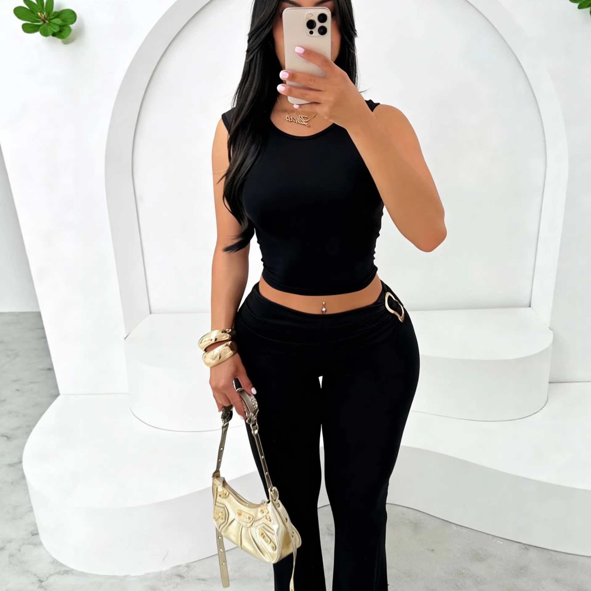 Women's Sleeveless Crop Top and Bodycon Pants Set