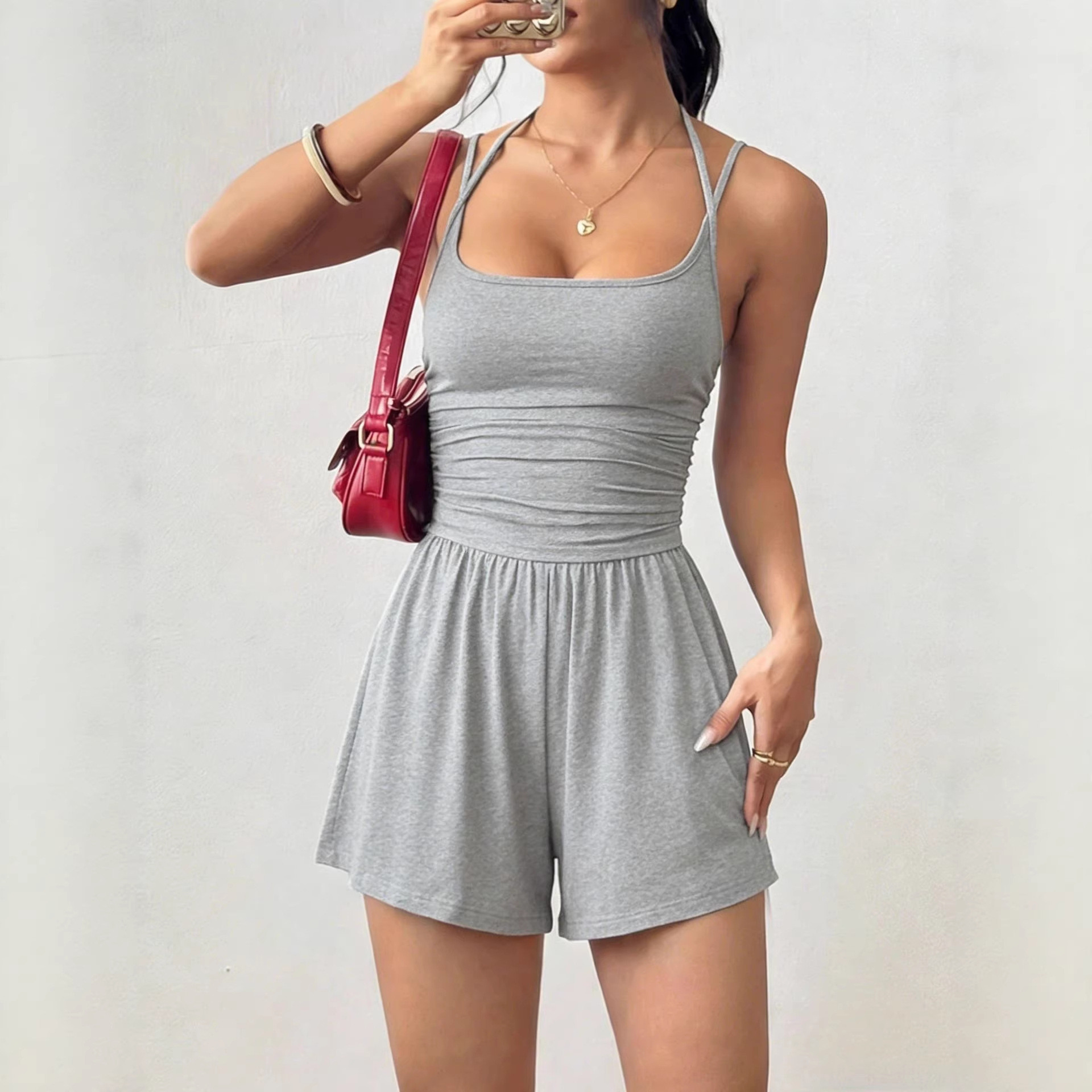 Women's Sleeveless Cami Romper Wide-Leg Shorts Solid Casual