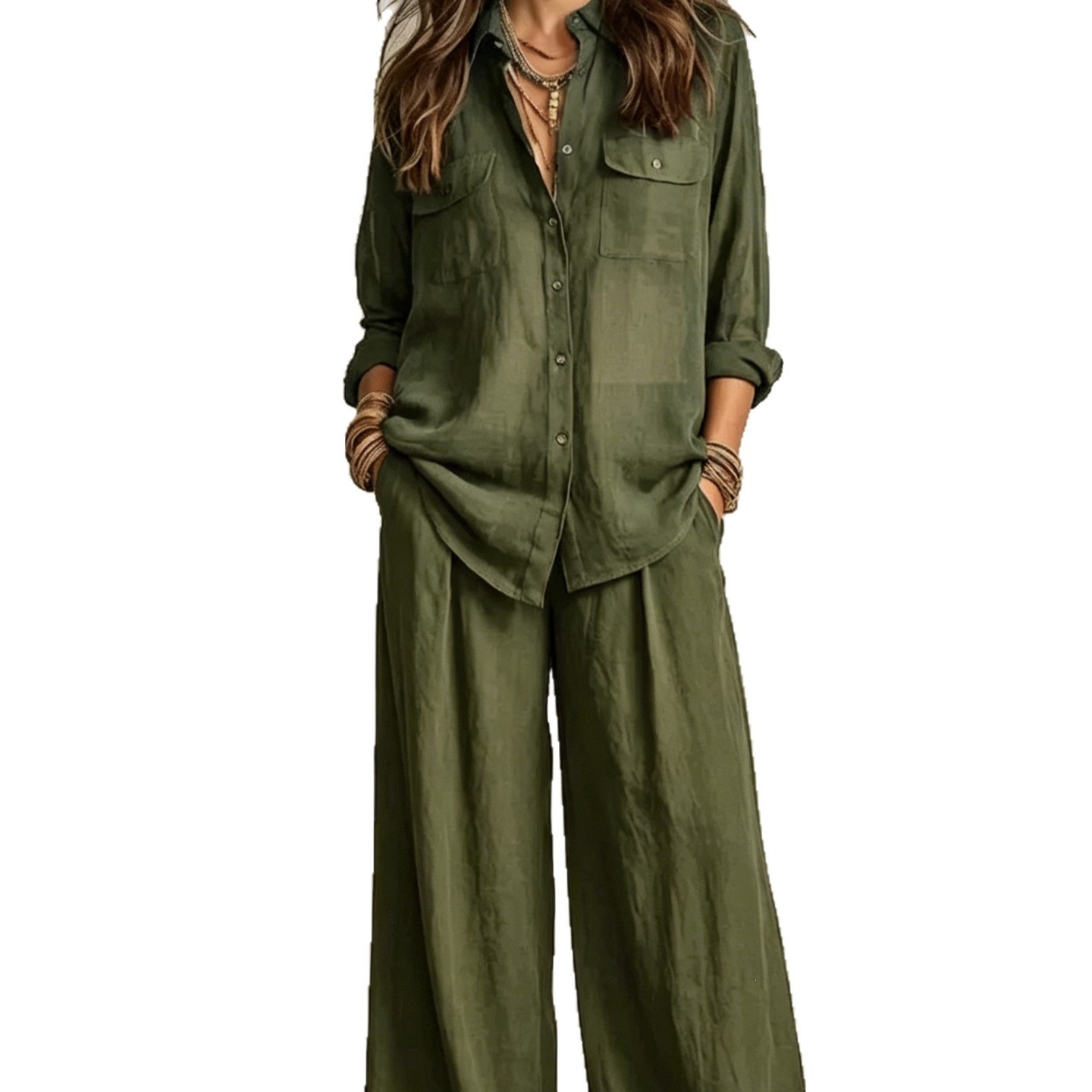Linen Blend Long Sleeve Shirt and Wide Leg Pants Set