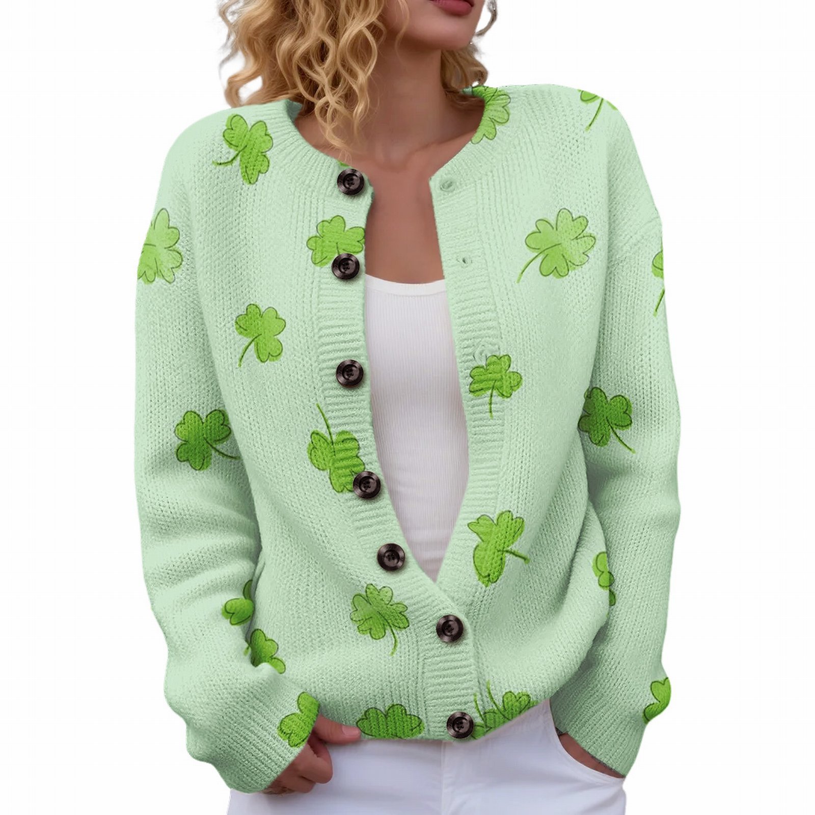 Women's Four-Leaf Clover Print Button Cardigan Sweater