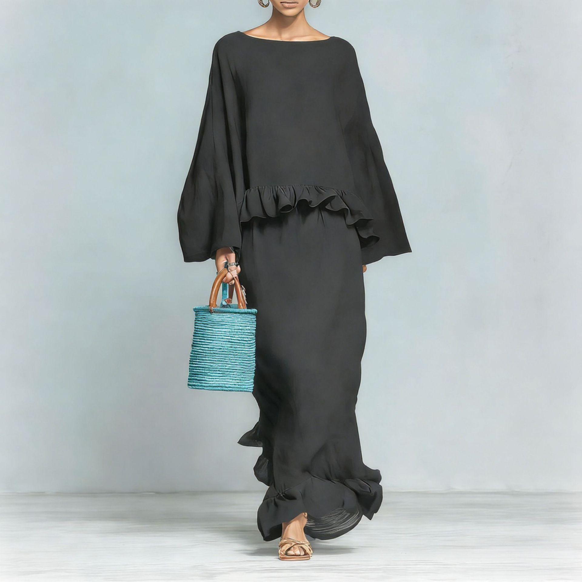 Solid Color Long Sleeve Top and Long Skirt Casual Set
